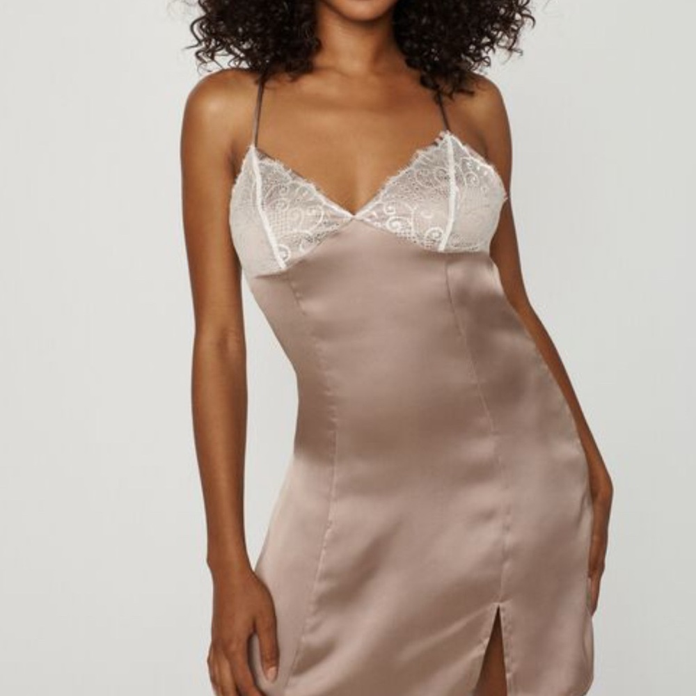 Garage Taupe tan Satin‎ Lace Slip Dress